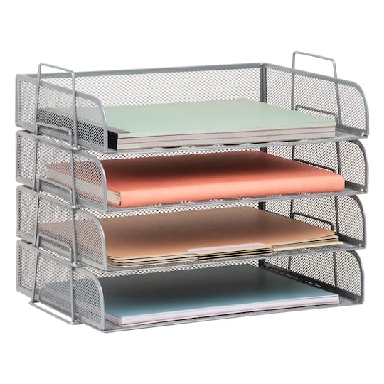 Mind Reader Stackable Paper Tray, Desktop Organizer, File Storage, Office, Metal Mesh, 4 Pcs., Silver